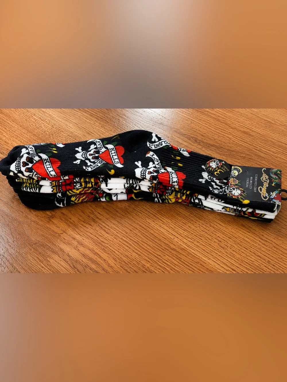 Ed Hardy 3 Pack Crew Socks with Heart Tiger & Skull Tattoo Motifs
